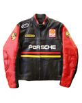 Vintage Racing Style Porsche Jacket - Black and Red Leather Biker