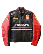 Vintage Racing Style Porsche Jacket - Black and Red Leather Biker