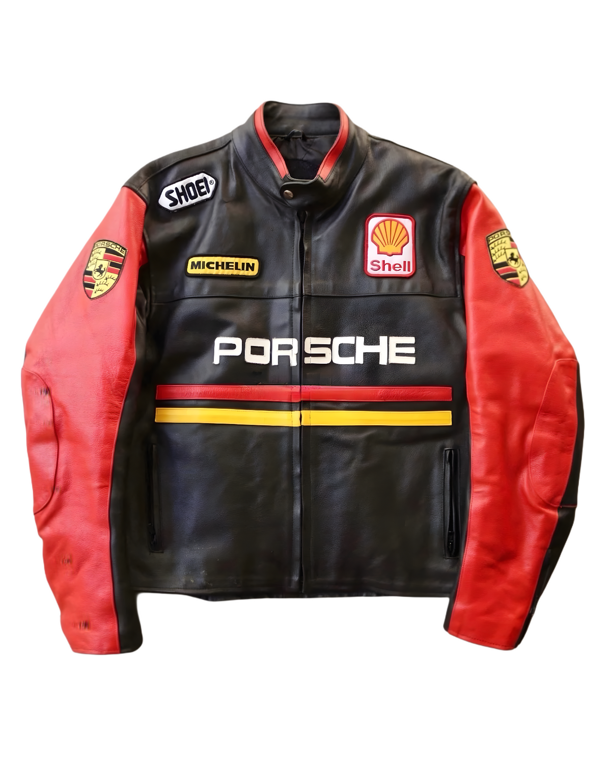 Vintage Racing Style Porsche Jacket - Black and Red Leather Biker
