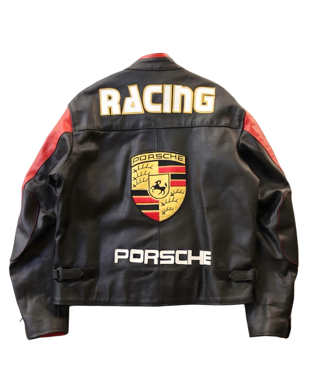 Vintage Racing Style Porsche Jacket - Black and Red Leather Biker