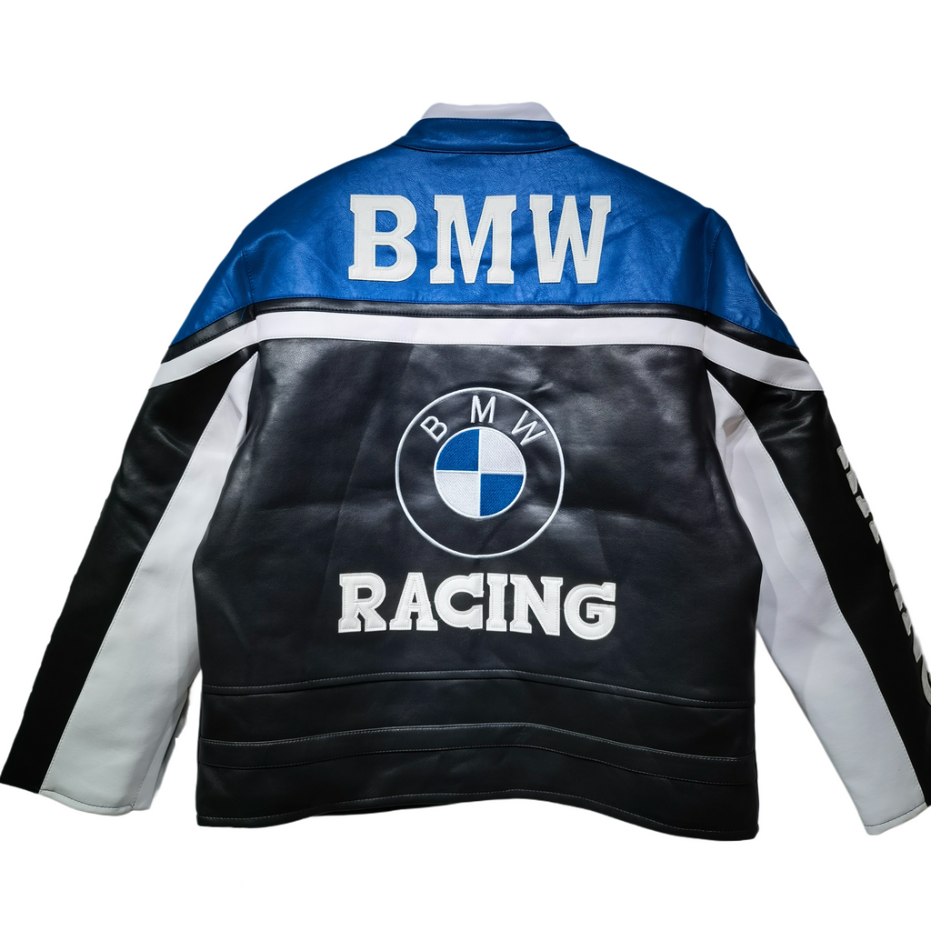 BMW and NASCAR Leather Jacket - Luxury Black and Blue Edition