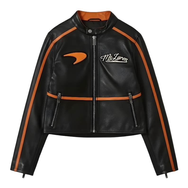 Vintage Style McLaren Racing Leather Jacket - Black and Orange