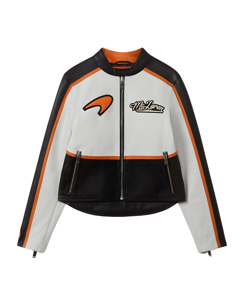 Vintage Style McLaren Racing Leather Jacket - White and Orange