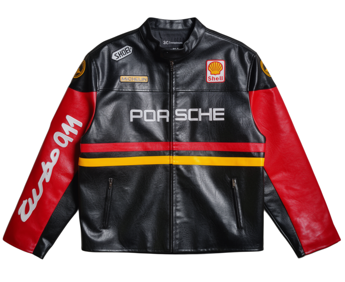 Porsche Turbo 911 Racing Jacket - Black and Red Leather - Vintage Motorsport Style