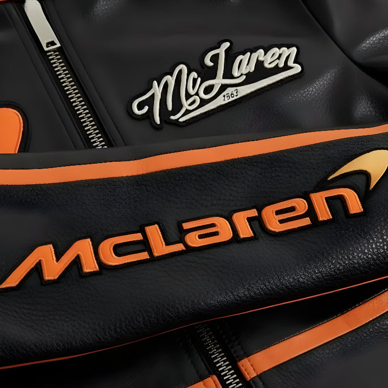 Vintage Style McLaren Racing Leather Jacket - Black and Orange