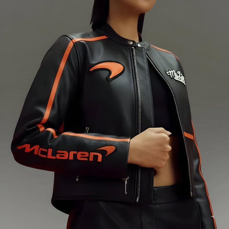 Vintage Style McLaren Racing Leather Jacket - Black and Orange