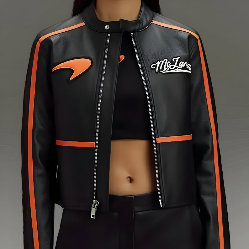 Vintage Style McLaren Racing Leather Jacket - Black and Orange