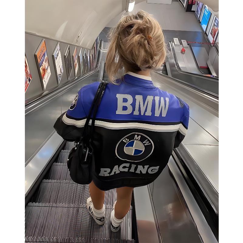 BMW and NASCAR Leather Jacket - Luxury Black and Blue Edition
