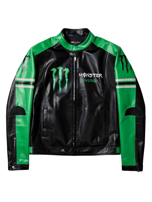 Monster Energy Racing Leather Jacket - Black and Neon Green - Biker Style