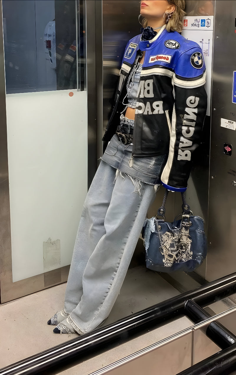 BMW and NASCAR Leather Jacket - Luxury Black and Blue Edition