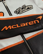 Vintage Style McLaren Racing Leather Jacket - White and Orange
