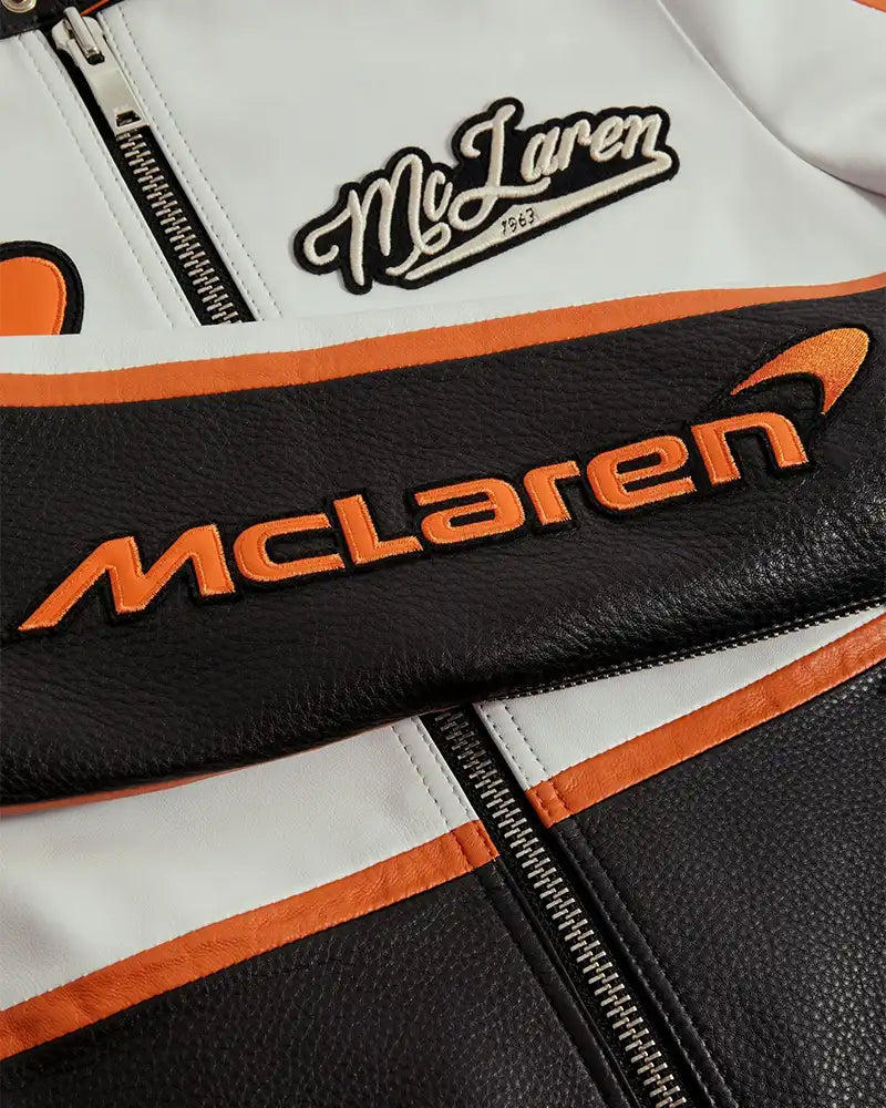 Vintage Style McLaren Racing Leather Jacket - White and Orange