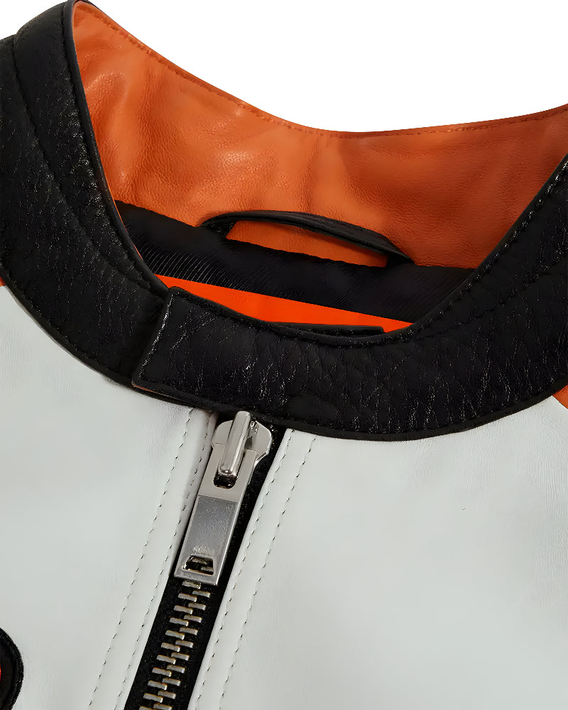 Vintage Style McLaren Racing Leather Jacket - White and Orange