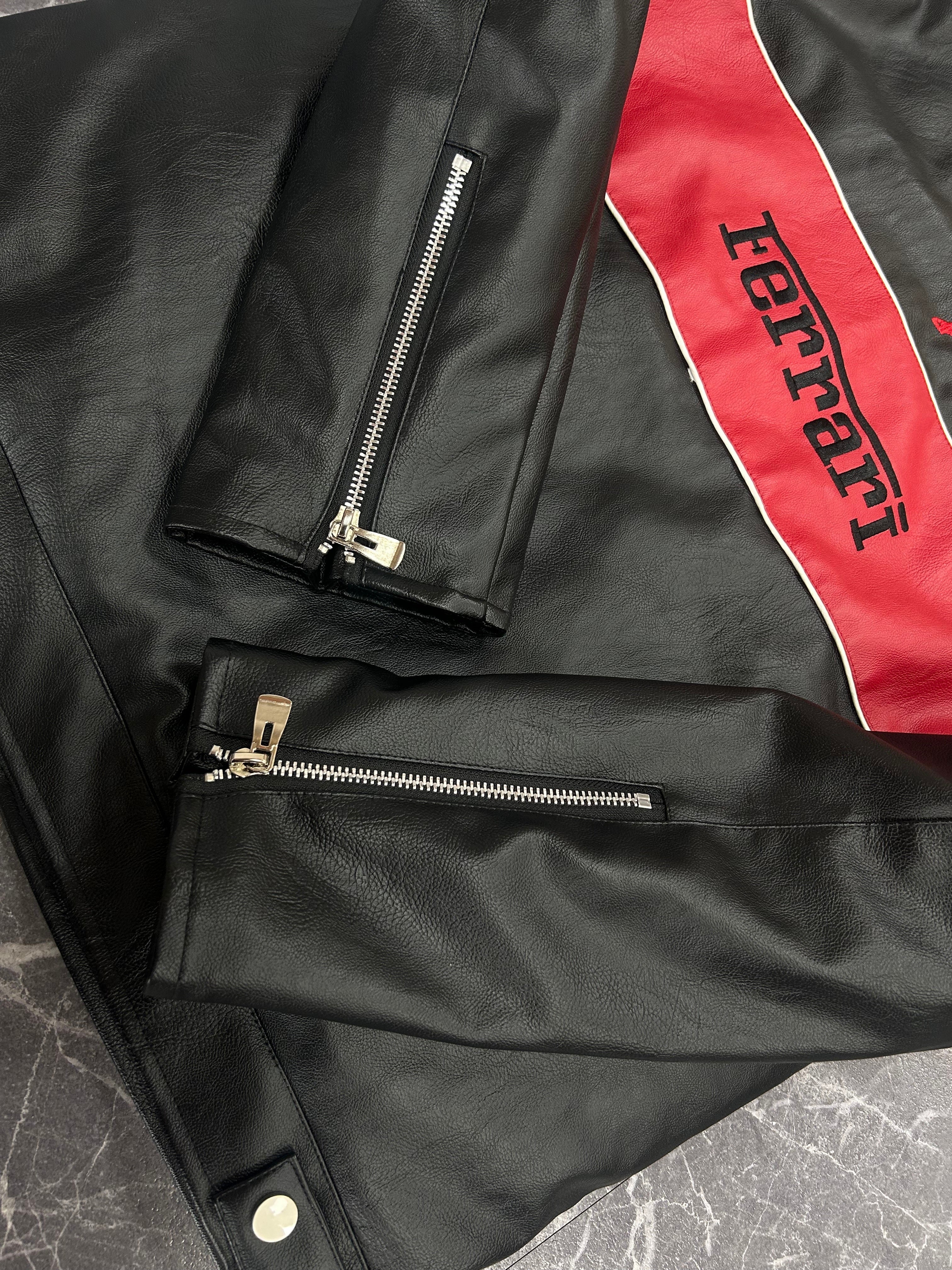 Classic Ferrari F1 Leather Jacket - Black and Red