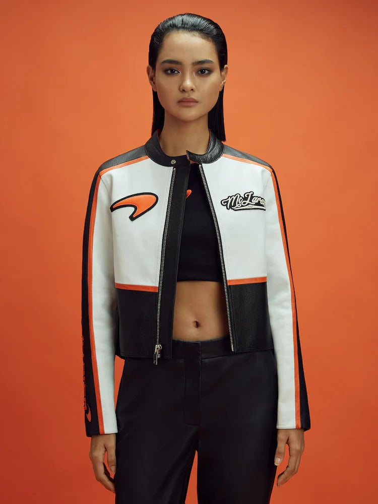 Vintage Style McLaren Racing Leather Jacket - White and Orange