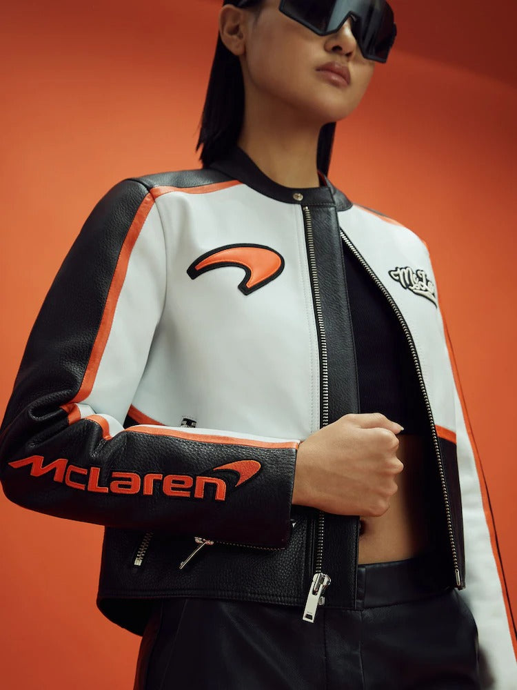 Vintage Style McLaren Racing Leather Jacket - White and Orange